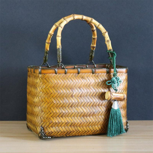 Handmade bamboo weaving bag, lady's handbag weaved from bamboo, with hanging accessory, yellow small square bag with Chinese style - JT-LIFE