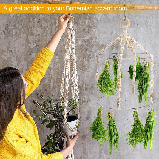 Hand-woven hanging herb spice flower dryer with cotton rope wood hanging ring herb hanger herb rack - JT-LIFE