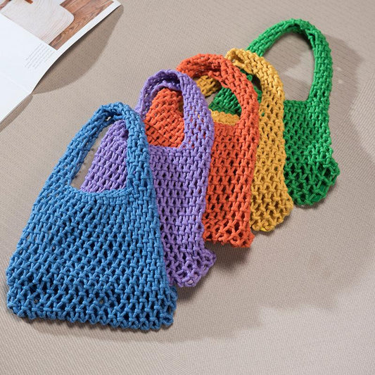Candy-colored cotton rope Tote Hand woven bag Women's hollowed-out net Beach vacation bucket Bag Wrist bag - JT-LIFE